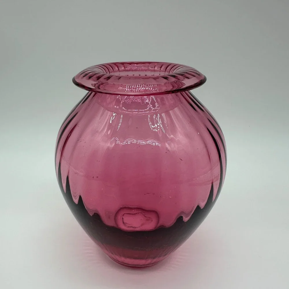 Vintage Cranberry Glass Ribbed Optic Vase Pink Hand Blown Art Glass 6 Inch